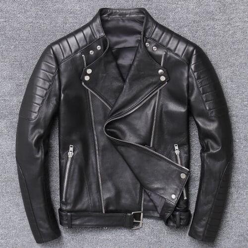 AYUNSUE 2020 Spring New Fashion Mens Coat Genuine Leather for Men Leather Biker Jacket Slim Turn-down Collar Zipper Y-003