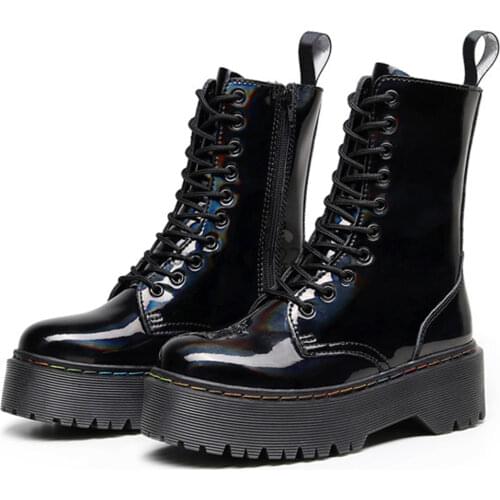 Brand Winter Women Boots Leather Reflective Female Lace Up Platforms Boot Increase Height Punk Boots Black Casual High-top Shoes