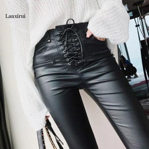 Women Fashion High Waist PU Leather Trousers Lace-up Skinny Pencil Pants Girls Zipper Cuff Faux Leather Spring Winter Pants