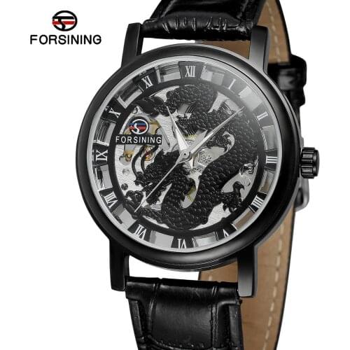 FORSINING WATCH Trendy fashion casual men watch black dragon black dial and case black leather strap automatic mechanical watch