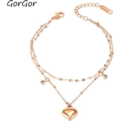 GorGor Bracelets Women Titanium Steel Pattern Double Layer Chain Heart Shape Simplicity Temperament Accessories TS-1104