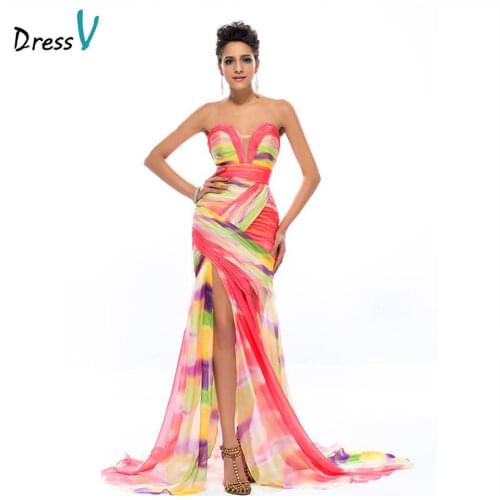 DressV Colorful Print Mermaid Long Evening Dress 2019 Chiffon Sweetheart Ruched Sexy Split Front Formal Dresses Party Prom Gowns