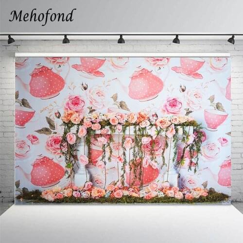Mehofond Pink Flower Wonderland Photography Backdrops Tea Party Girl Birthday Cake Smash Background Photo Studio Photozone Props