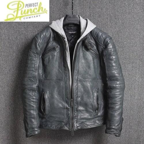 Genuine Leather Men 2021 Vintage Sheepskin Coat Korean Motorcycle Jacket Spring Autumn Hooded Veste Cuir Homme KJ5127