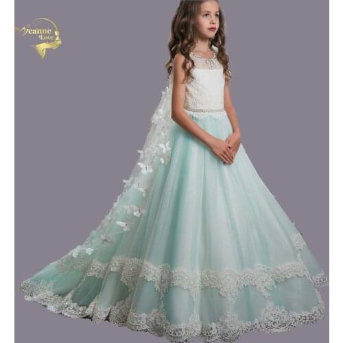 Mint Green Detachable Cloak/Veil/Stole Cape Dress Flower Girl Kids Graduation Dresses Princess Long Prom Gown robe de mariee
