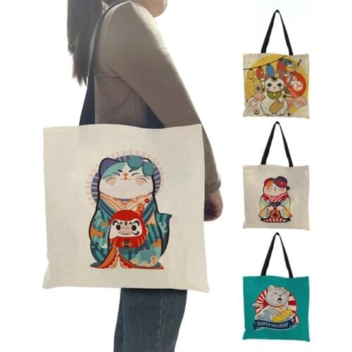 Kawaii Lucky Fortune Cat Print Shoulder Handbags Women Ladies Large Shopping Bags Casual Daily Beach Bags Teengers Cute Gift