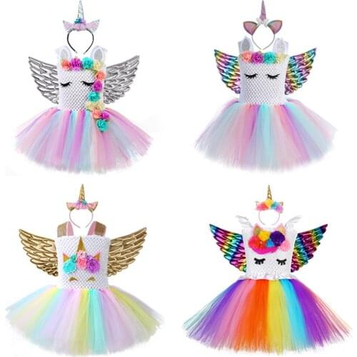 New Girls Unicorn Costume Rainbow Pony Birthday Tutu Outfits Fluffy Sparkle Tulle Fancy Dress Up Party Dress With Headband Wings