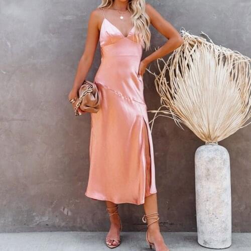 Sexy V Neck Spaghetti Strap Stain Dress Women Backless Party Dress Spring Summer New Elegant Fashion Solid Streetwear Midi Dress