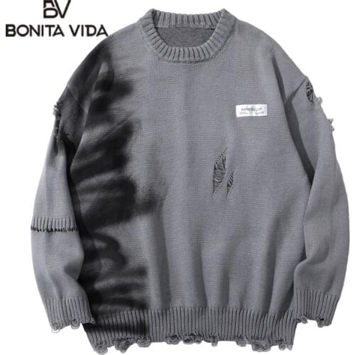 Bonita Vida Graffiti Hip Hop Pullover Hole Oversize Sweater Men Fashion Vintage Loose Long Sleeve Harajuku Sweater Mens Clothes