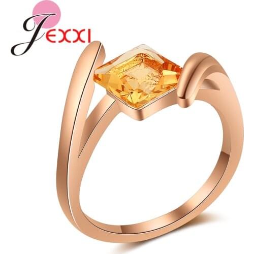 Most Popular Fashion Simple Square Champagne Cubic Zirconia Filled Women Femme Rose Gold Finger Rings Party Jewelry