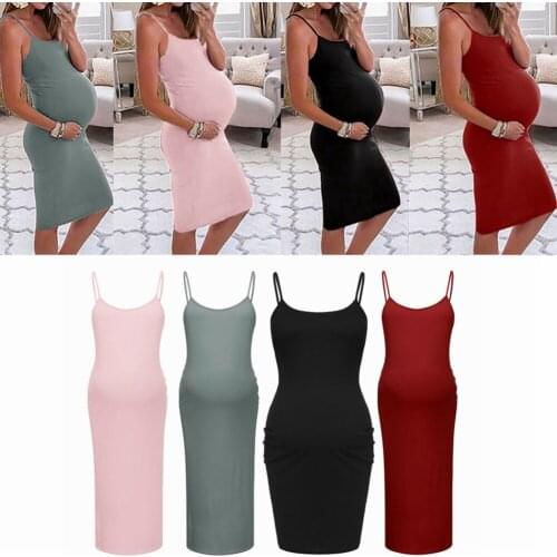 Sexy Summer Cami Straps Maternity Dress Pregnant Women Solid Color Sleeveless Bodycon Dresses for Daily Wearing or Baby Shower