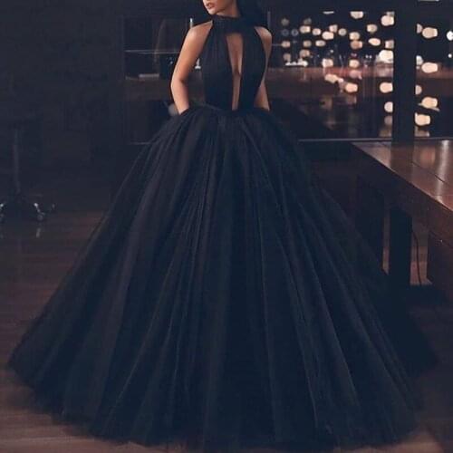 Sexy Evening Dress 2020 A-Line Backless Black Sleeveless Pleat Tulle Formal Dress Women Elegant Bridal Gown LE4024