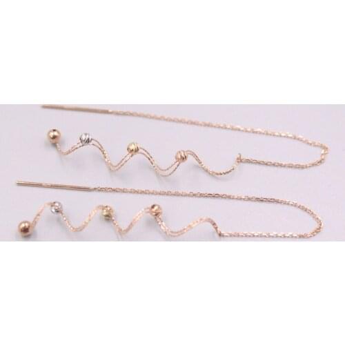 Pure 18K Rose Gold Earrings Women Curved Waves Colorful Beads O Link Chain Dangle Earrings / 1.3g