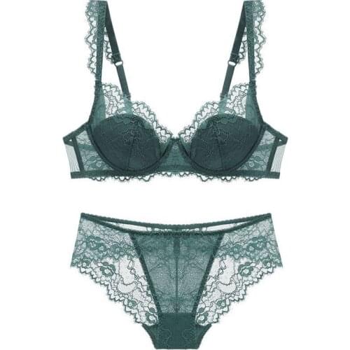 Comfortable Thin Cotton Brassiere Embroidery Bras Green Underwear Set Sexy D E Cup Plus Size Bra Set Women Lingerie Lace Black