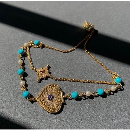 UMGODLY Fashion Brand Bracelet Gold Color Dainty Double Chain Heart Medal and Blue Stones Adjustable Roma Bracelet Women Jewelry