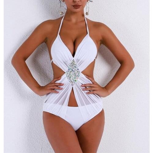 VIKINII 2021 White Sexy Crystal One Piece Swimwear Women Bathing Suit Rhinestone Luxury One Piece Swimsuit Women Swim Wear