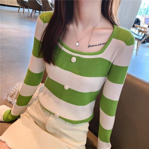 Women Spring Autumn Style Knitted Sweater Pullovers Lady Casual Striped Printed O-Neck Pullovers Tops ZZ0027
