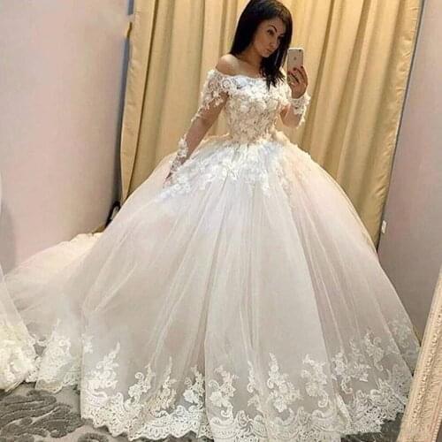 ANGELSBRIDEP Long Sleeves Ball Gown Wedding Dresses Robe de mariee Fashion Applique handlemake Flower Formal Bride Dress HOT