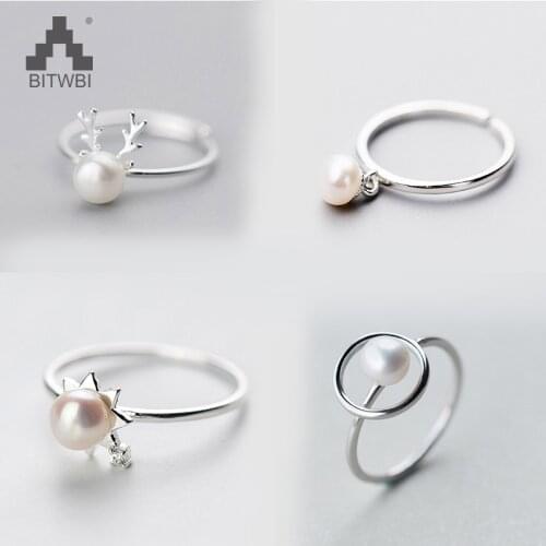New Fashion Pure Silver 925 Ring Sweet Cute Elk Antlers Sun Pearl Rings For Women Girl Party Finger Jewelry Christmas Gifts