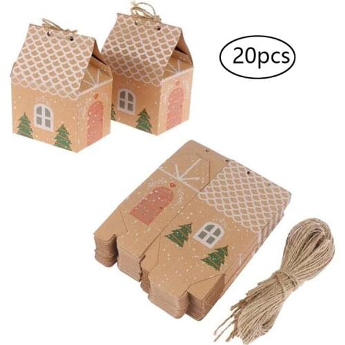 20pcs Christmas House Candy Bags Kraft paper Gift Box For Presents Candies Cookies Bundle Xmas Theme Party Gift Wrapping Bags