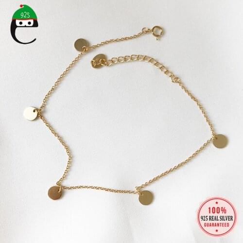Elfoplatssi Real Minimalist 925 Sterling Silver Gold Round Wafer Anklets For Women Wedding Party Fine S925 Jewelry Gift DA1287