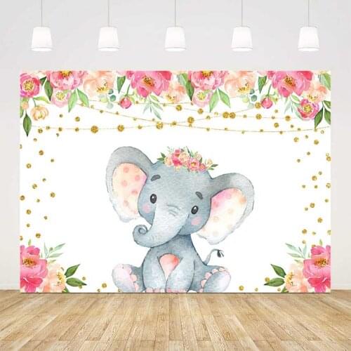 Elephant baby shower floral backdrop gold glitter dots rose flowers background for photo studio red flowers photo booth backdrop