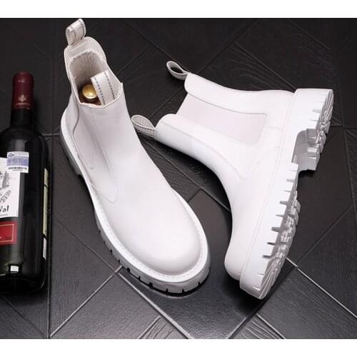 Korean designer mens fashion platform boots black white genuine leather shoes trend handsome chelsea boot cowboy short botas man
