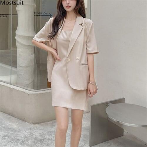Summer Casual Elegant Dress Suits Women 2 Piece Set Korean Office Wear Short Sleeve Blazer + Mini Dress Suit Outfit Vestido Muje