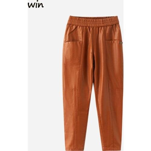 Marwin 2021 New-Coming Winter Pu Leather Pockets Full Length Women Pants High Street Style Elastic Waist Female Leather Pants