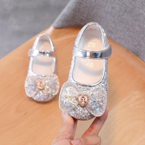 Little Girls Fashion Cartoon Princess Shoes Children Korean Kids Baby Silver Pink Sequined Party Wedding Crystal Leather Shoes