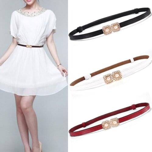 Fashion Real Leather Skinny Women Belt Designer Slim Adjustable Waist Belts Female Dresses Belts with Pearls Gold Buckle