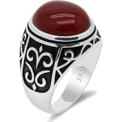925 Sterling Silver Mens Ring with Natural Red Agate Stone Male Ring Vintage Carved Design Oval Gemstone Turkish Silver Jewelry