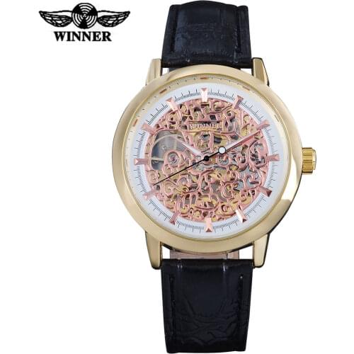 WINNER 2016 CHINA brand man watches luxury mechanical hand wind watch skeleton rose gold dial transparent back case leather band