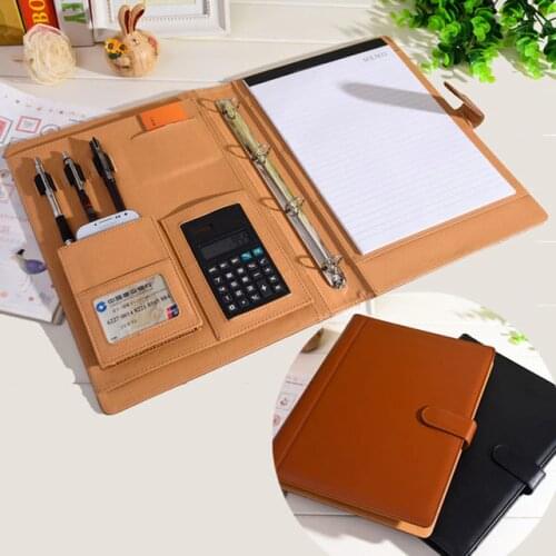 A4 PU leather folder Padfolio multifunction planner notebook A4 file folder with calculator ring binder lock office supply 1092