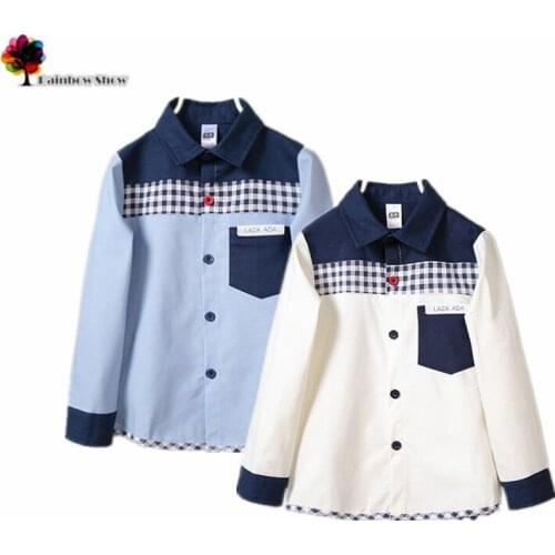 New Children Clothing Autumn Spring Boys Brief Turn-down Collar Plaid Patchwork Cotton Linen Shirts Boys Causal Shirts