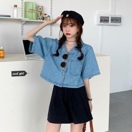 Shirt Women Notched Denim Short College All-match Blouses Design Summer Fashion Solid Blusas Femme Vintage Korean Crop Top Mujer