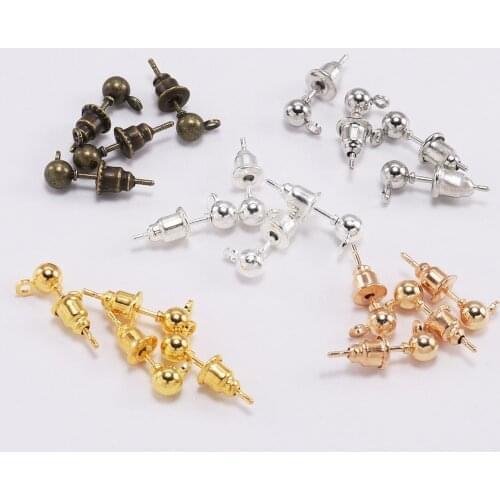 50pcs/lot 3 4 5mm Gold Rhodium Earrings Studs Bullet Back Stopper Ball Beads Head Earring Ear Pins For Jewelry Making Supplies