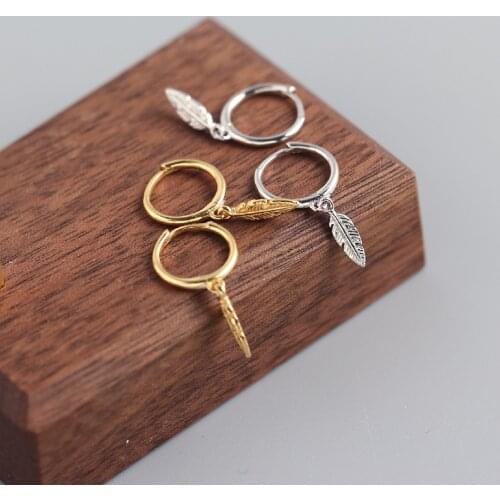 Genuine 925 Sterling Silver Round feather Hoop Earrings for Women Gold Color Earrings Sterling Silver Jewelry Gift A30