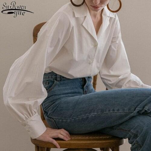 Vintage Lantern Sleeve White Shirt Women 2021 Single-breasted Cotton Shirt Tops Female Plus Size Casual Shirts Fashion 13476