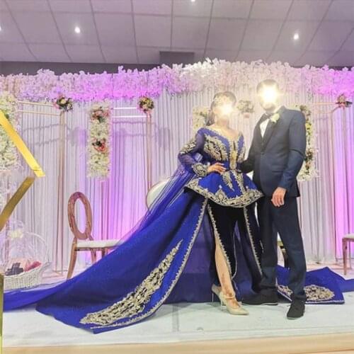 Full Sleeve Moroccan Kaftan Wedding Dress Royal Blue Applique Lace Arabic Dubai Wedding Gown With Train Muslim Bride Gown Custom