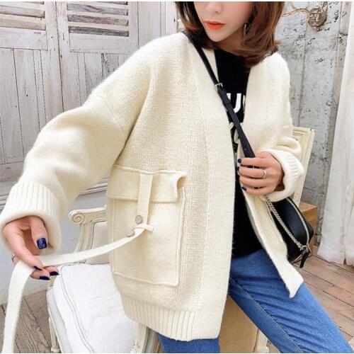 Loose Lazy Sweater Cardigan Womens Short Thickened V-Neck Pocket Solid Color Knitted Jacket autumn and winter pink red gre