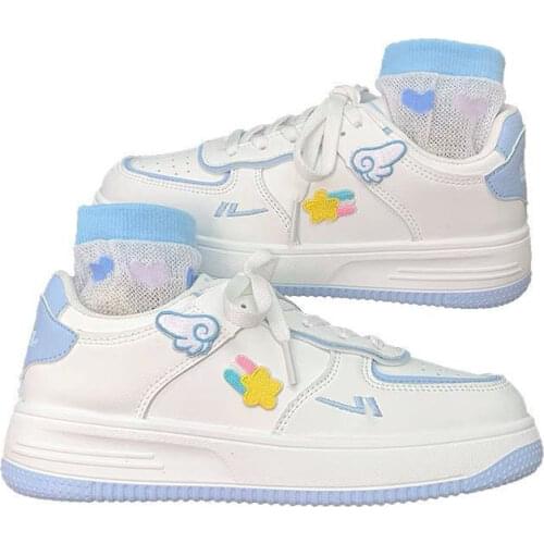 Womens Shoes Milk Blue White Shoes Lace-up Casual Students All-match Casual Sports Women Shoes Sweet Cute Cartoon Flat Shoes