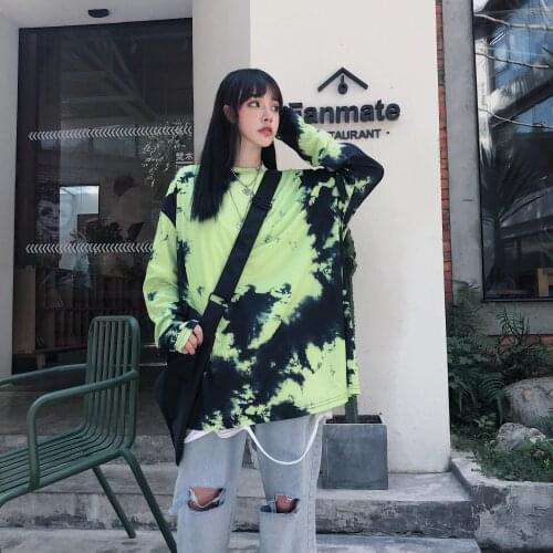 Autumn Korean Harajuku style Japanese retro tie-dye gradient base loose long-sleeved T-shirt women