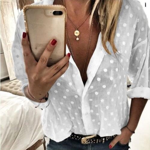 Womens solid spliced ploka dot v-neck causal shirts loose single breasted long sleeves women shirt 2021 summer lady beach tops