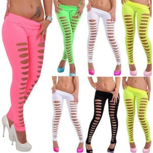 Women Punk Disco Sexy Candy Color Skiny Slim Hole Pencil Pants Stretch Pants