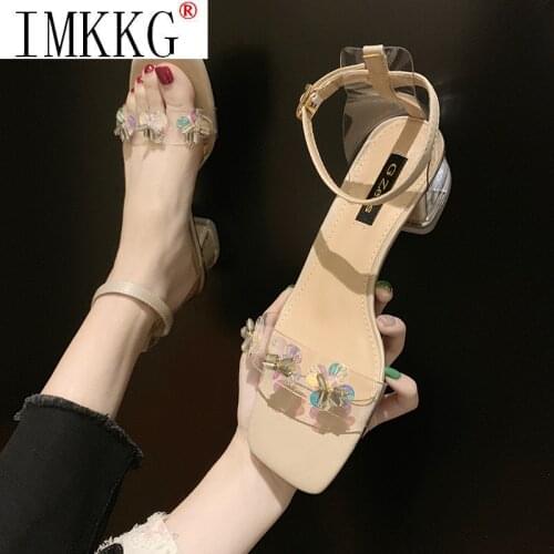 Women 2021 summer Fashion Sequin Flower Pvc Sandals New Ankle Strap Med Heel Shoes Woman Summer Open Toe Sandalias Daily