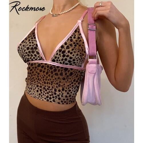 Rockmore Leopard Printed Backless Cross Tie Up Tank Tops Camis Women Cute Cropped Top Tee Summer Y2K V Neck Mini Vest Streetwear