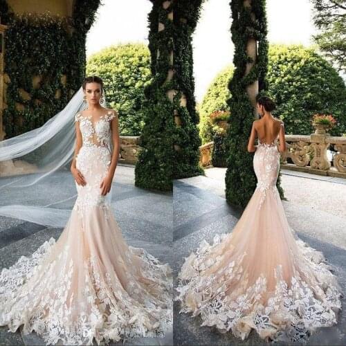 2021 Wedding Dresses Mermaid Sexy Sheer Neck Cap Sleeve Lace Appliques Bodicese Sweep Train Bridal Gowns Vestios De Novia