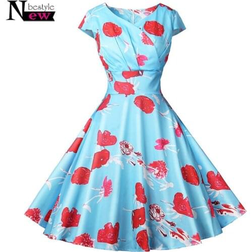 Vintage Summer Dresses Women 50S 60S Robe Swing Elegant Polka Dot Party Dress Women Short Sleeve Casual Floral Print Black Dress