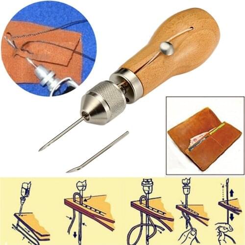 1set New Leather Craft Tool Stitching Sewing Awl With Waxed Thread And Needles